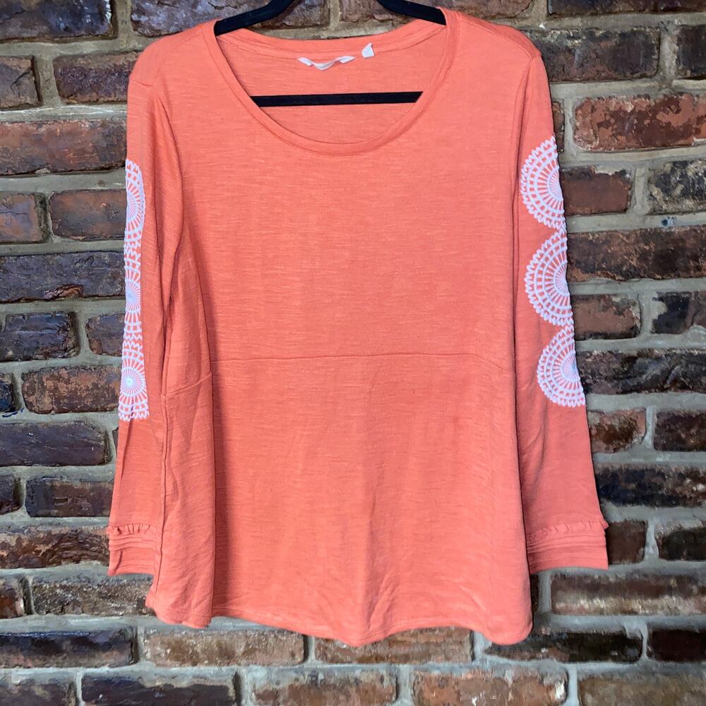 Soft Surroundings Coral Orange Embroidered Long Sleeve Top Women's Size Medium